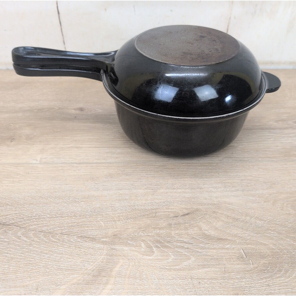 Vtg Le Creuset 18 Black Enamel Cast Iron 2-in-1 Saucepan 1qt W/ Skillet(Lid)